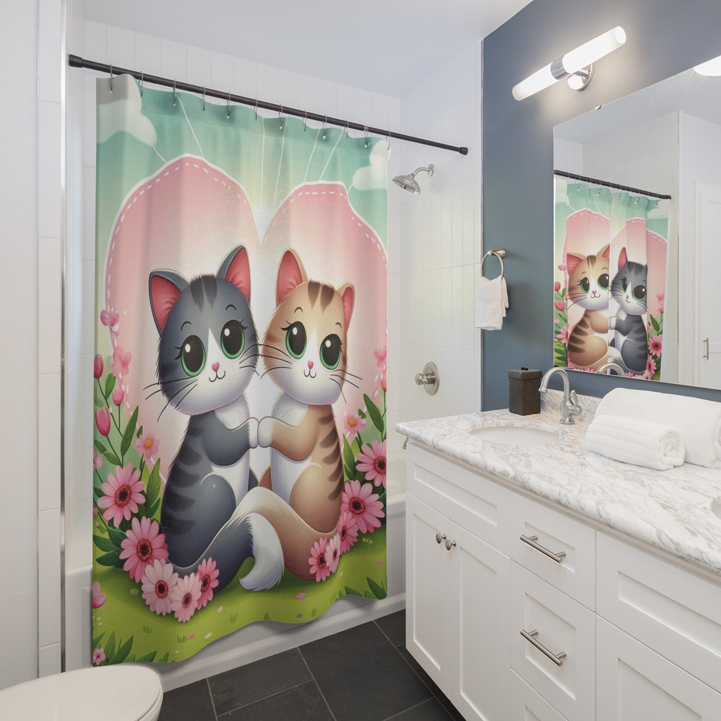 Cute Kittens Shower Curtain Cat Love Heart