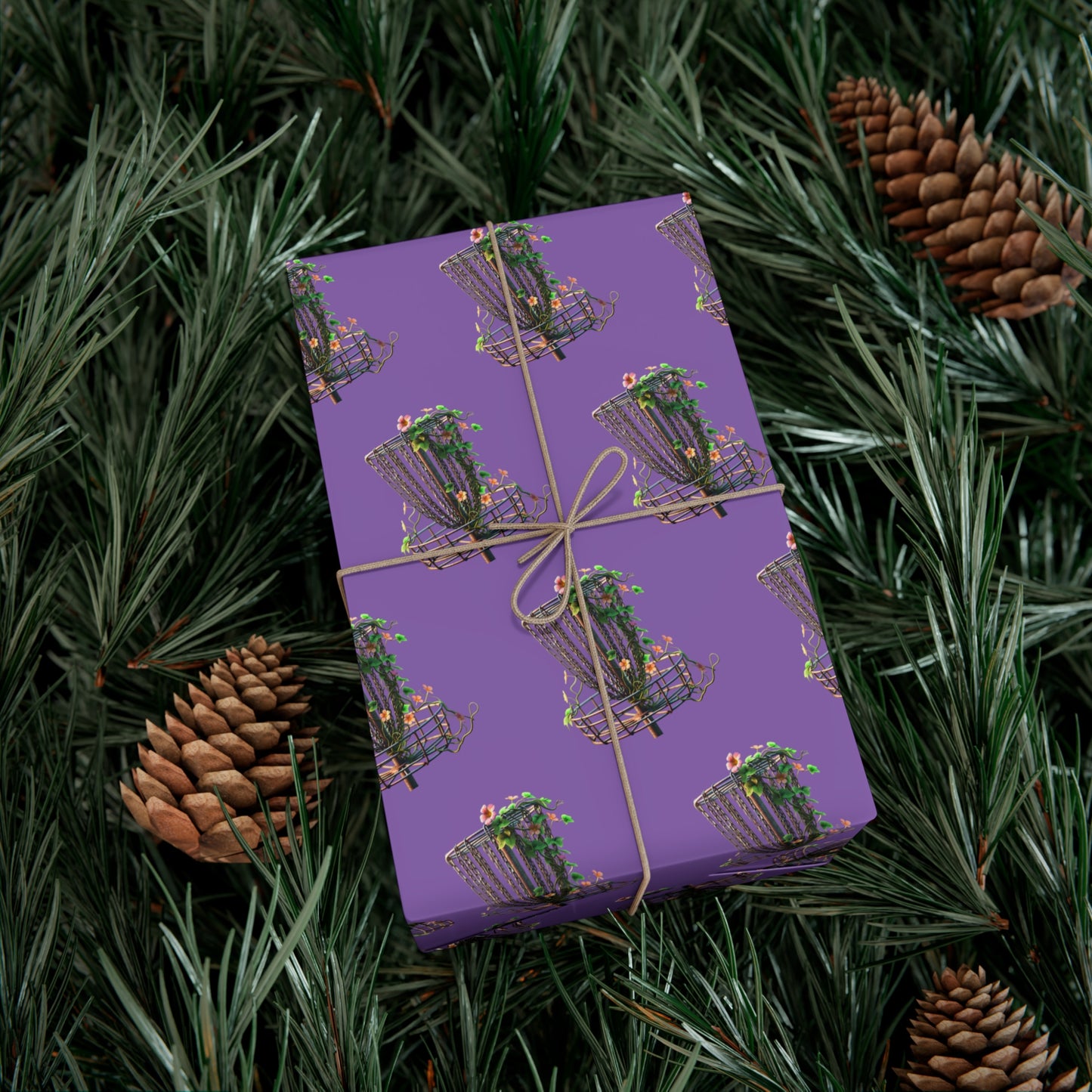 Floral Disc Golf Gift Wrapping Paper Purple Botanical Disc Golf Basket Gift Wrap